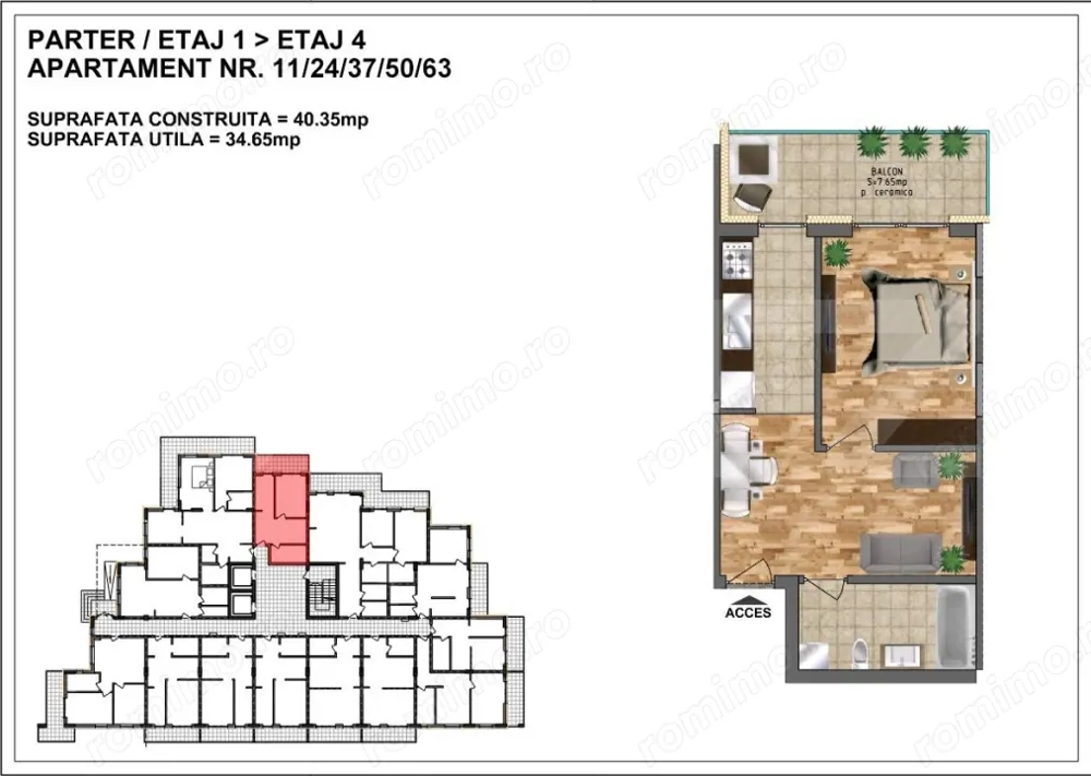 Garsoniera de vânzare – bloc nou, zona Aurel Vlaicu 34 mp + terasa 7,65 