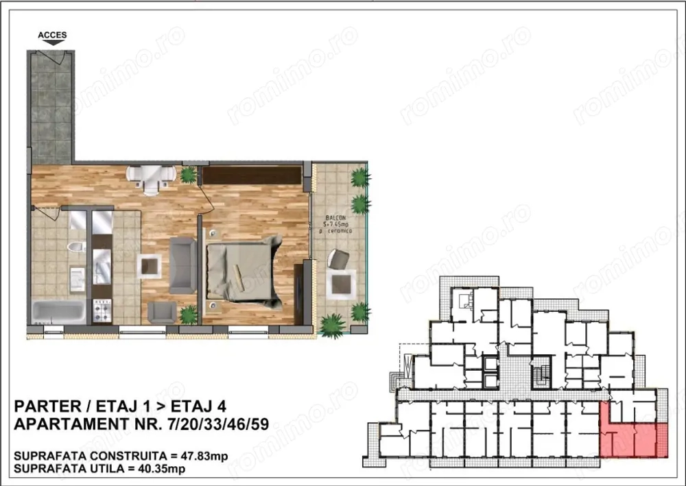 Apartament de vânzare 40,35 + terasa 7,45 – bloc nou, zona Aurel Vlaicu