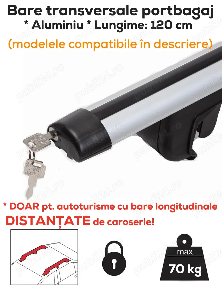 Set bare transversale portbagaj cu cheie, ALUMINIU, lungime 120 cm (modele compatibile in descriere)