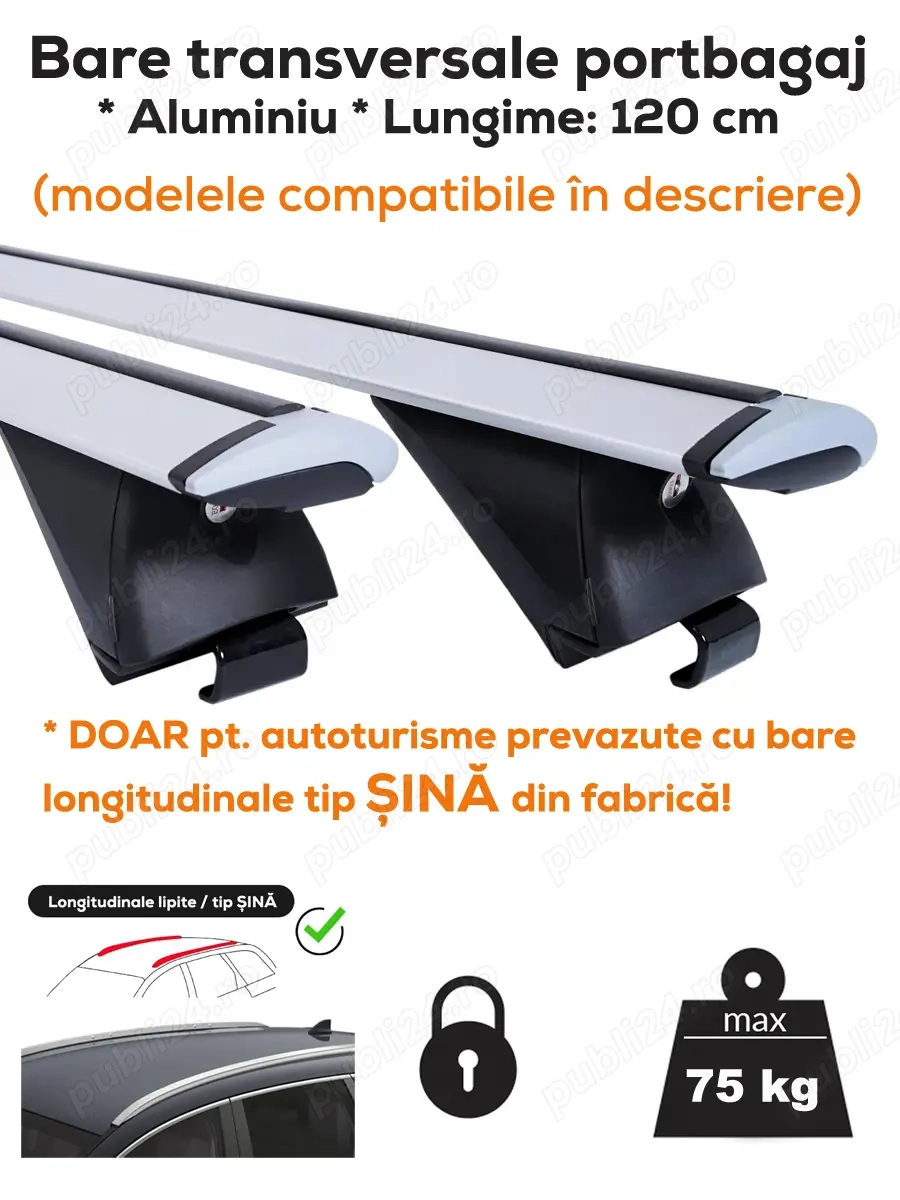 Bare transversale portbagaj - ALUMINIU - WINGBAR - Lungime 120 cm (montaj pe longitudinale tip ȘINĂ)