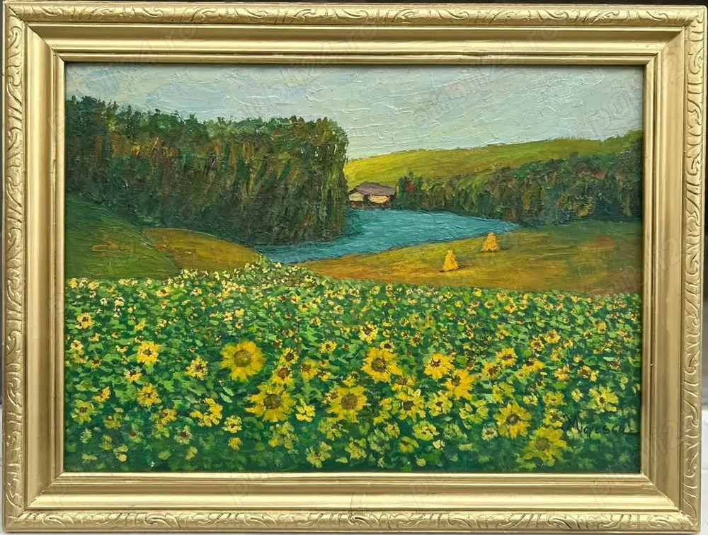 Mircea Popescu Tablou Peisaj Lan Cu Floarea-soarelui pictura ulei inramata 42x56cm