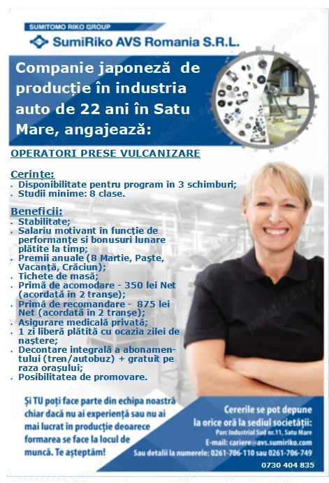 SumiRiko AVS Romania angajeaza operatori in productie
