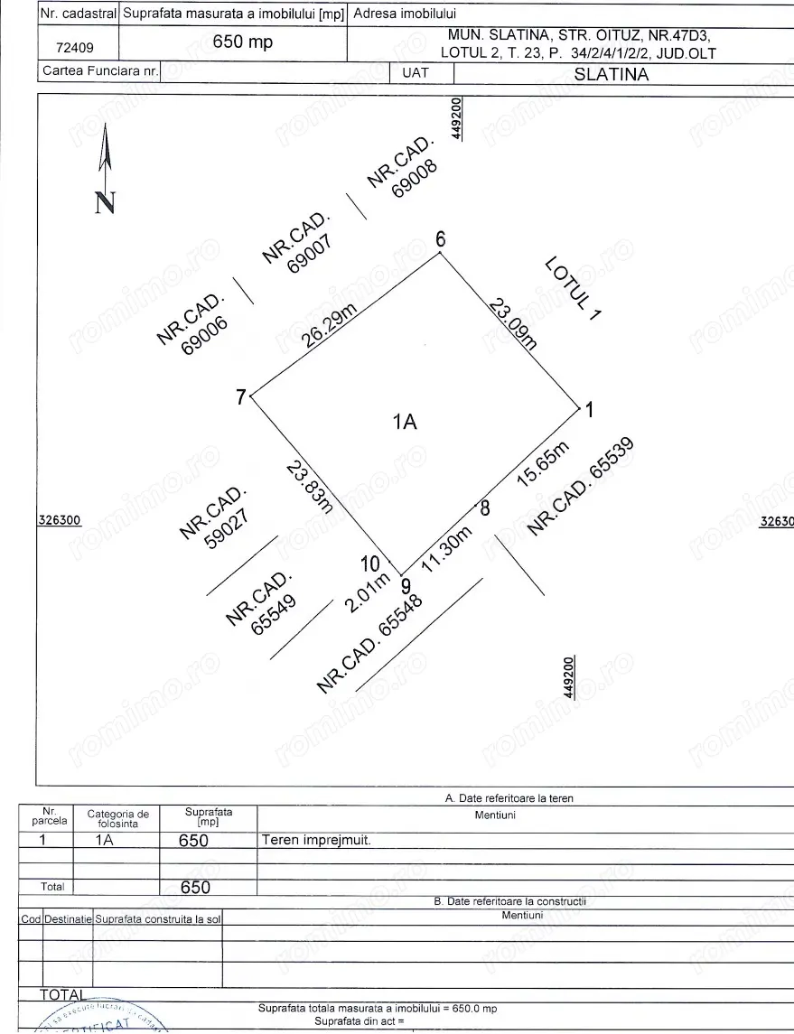 Teren intravilan 650mp cu deschidere 26,95 ml si toate utilitatile