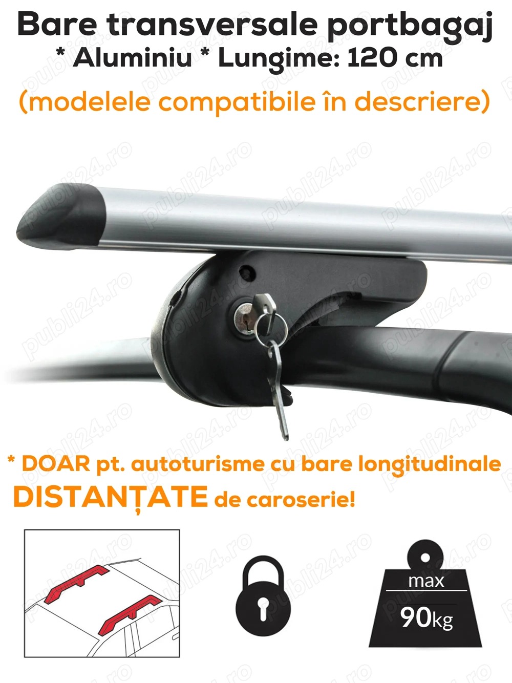 Bare transversale portbagaj cu cheie, ALUMINIU, 120 cm, max. 90 kg (modele compatibile in descriere)