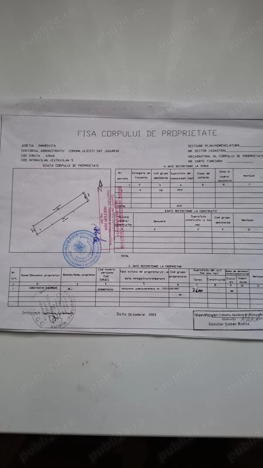 Vând teren 8 euro mp intravilan cadastral loc de casa 2441 mp .Comuna Jugureni , judetul Dâmbovița 