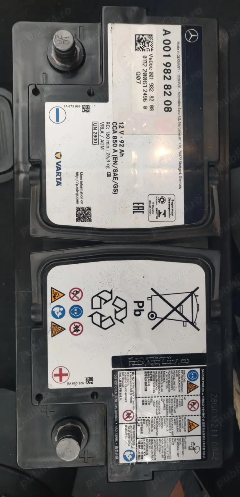 Baterie auto AGM originala Mercedes-Benz, 92Ah, 850A, an 2020