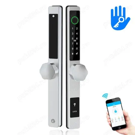 Yala smart ultraslim pentru usi termopan, cu aplicatia TTLock maner hexagon, Silver