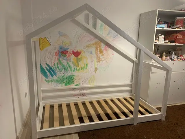 Pat copii tip căsuță 100x200 cm + saltea inclusă