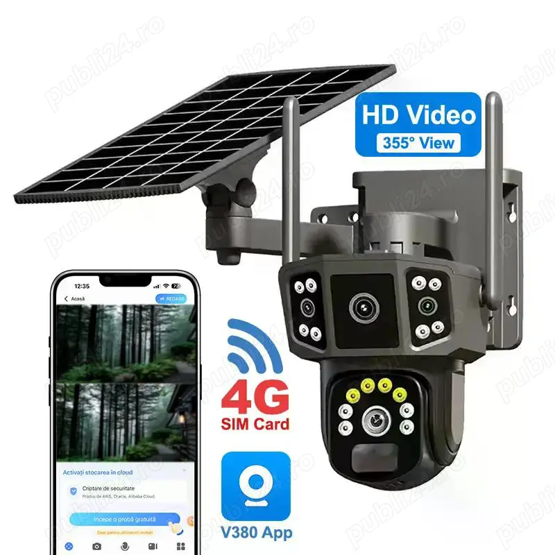 Camera Supraveghere Wireless 4G V380, Alimentare Solara, Full HD, Detectie PIR, Audio Bidirectional