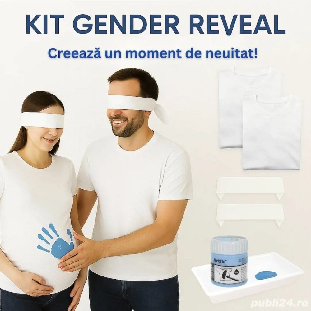 Kit aflare sex bebelus, Set Gender Reveal Party, Kit DIY Tricouri + vopsea textila roz albastru, Bab