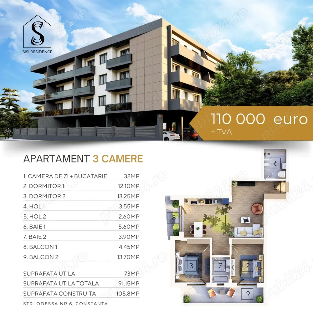 Apartament 3 camere, 2 terase, Bloc nou, Tomis nord , Odessa nr.6