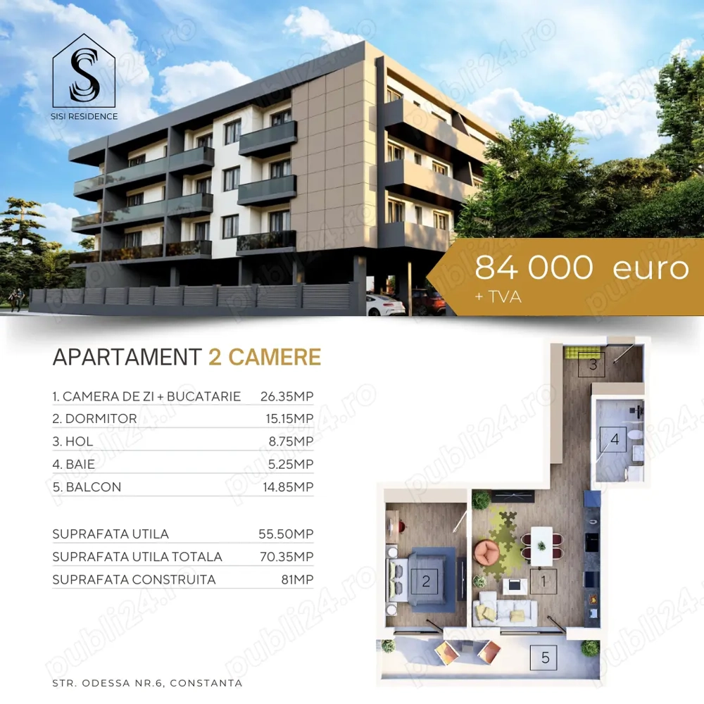 Apartament 2 camere, Terasa spatioasa, Bloc nou, Tomis nord , Sisi Residence