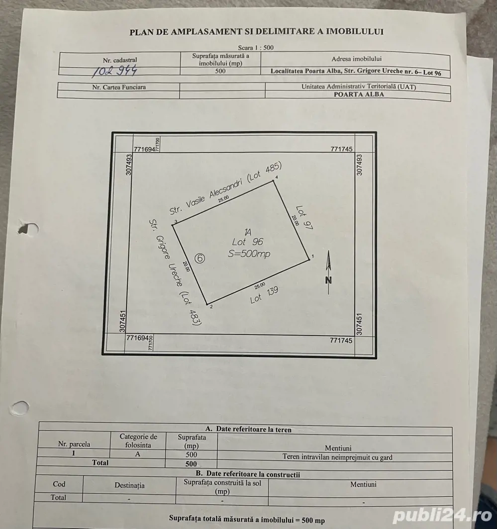    Teren intravilan Poarta Albă   500 m , dublă deschidere, utilități la stradă!