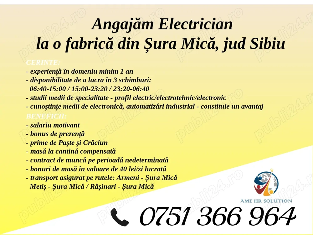 Angajăm Electrician întreținere