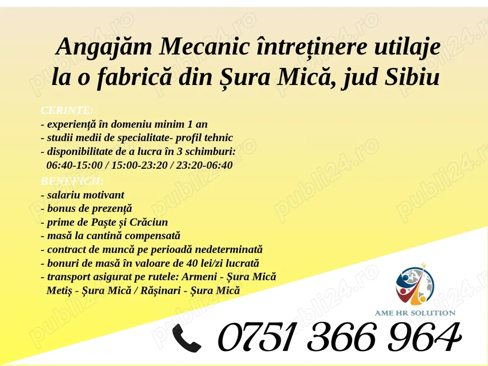 Angajăm Mecanic întreținere utilaje