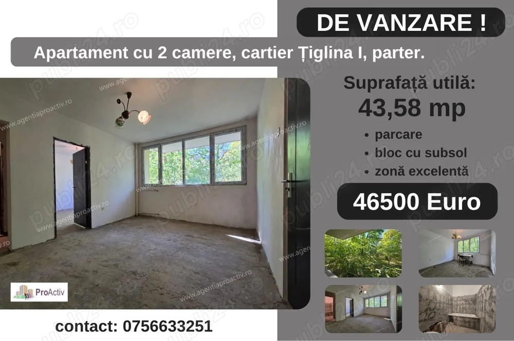 Apartament cu 2 camere, cartier Țiglina I, parter.