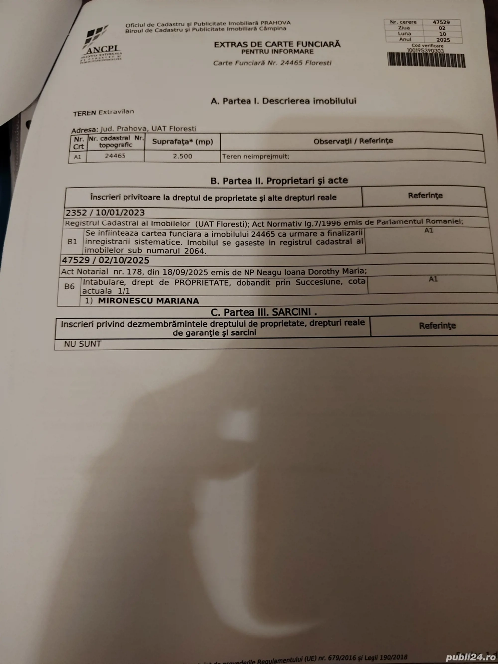 Vand teren extravilan 2500mp Floresti Prahova