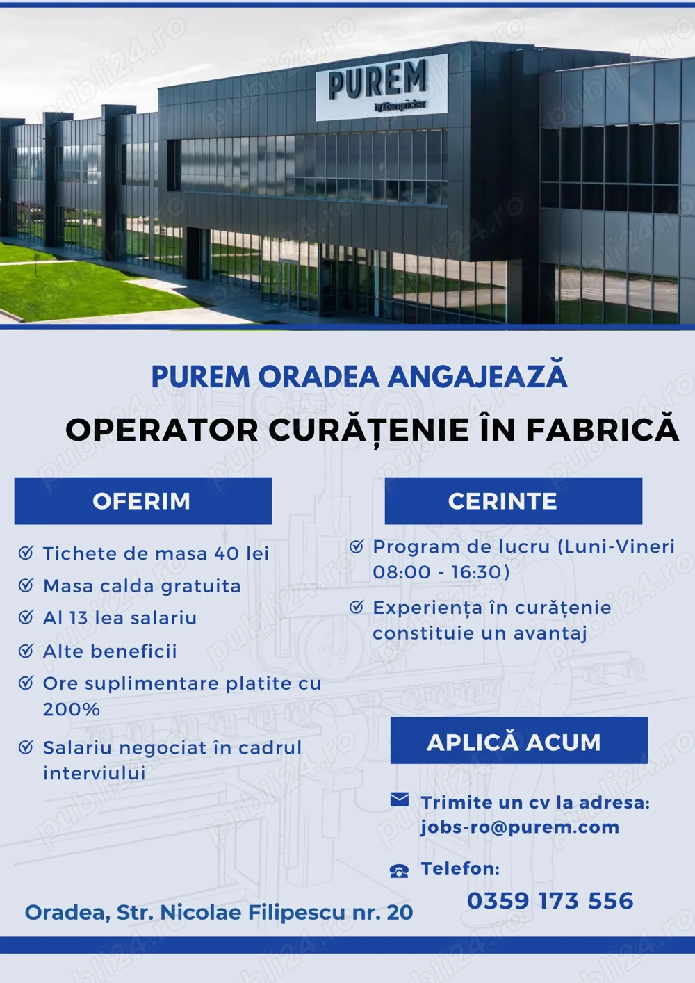 Purem Oradea angajeaza operator curatenie