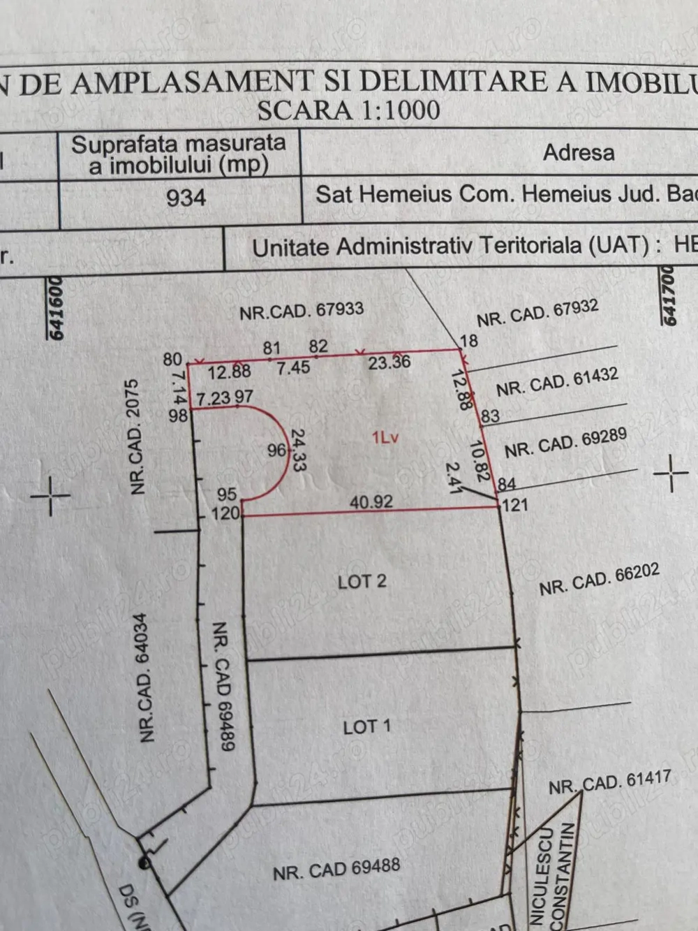 Vând teren Hemeius 940mp   Intravilan