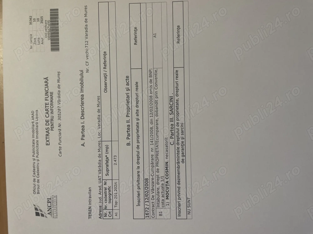 Vând loc casă Varadia de Mureș 2470 mp partea cu dealul 