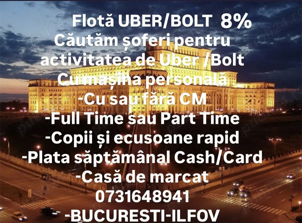 Flotă Uber Bolt căutăm șoferi serioși , colaborare fără probleme 