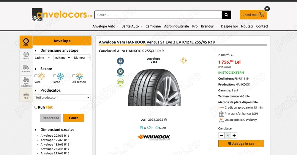 4 Anvelope Vara HANKOOK Ventus S1 Evo 3 EV K127E 255/45 R19