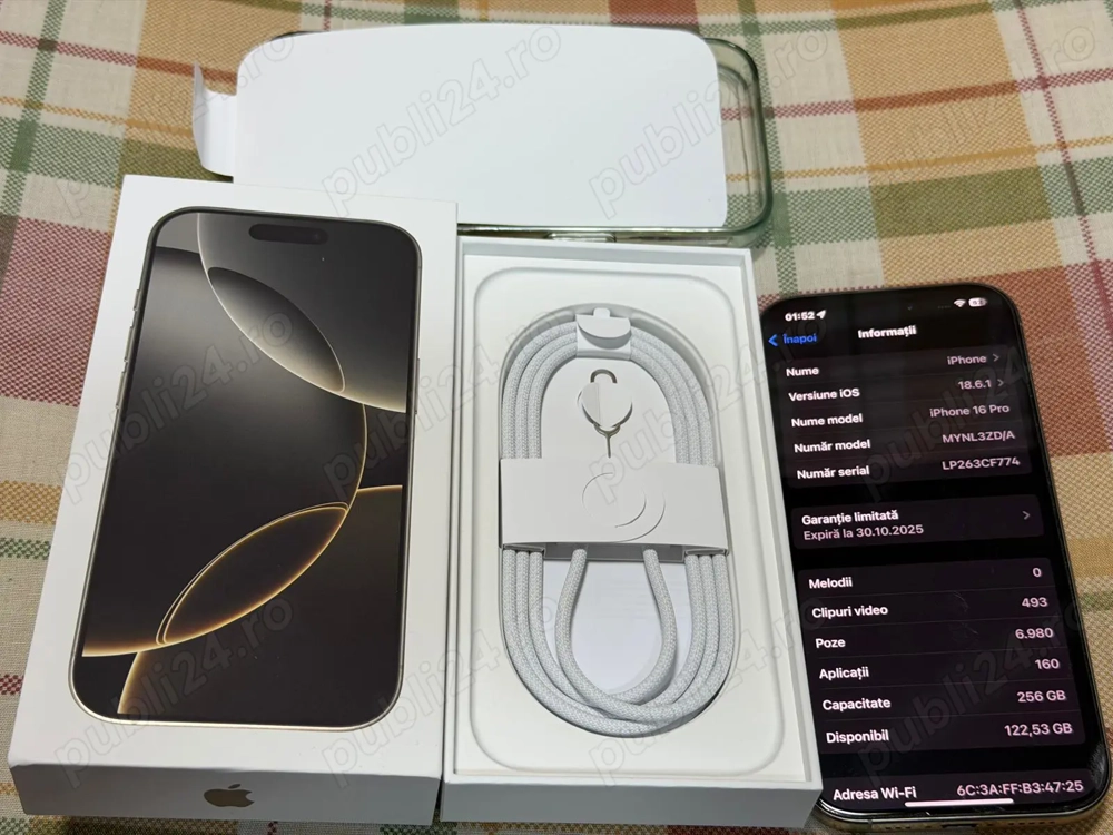 iPhone 16 PRO 256gb Natural Titanium 100% baterie
