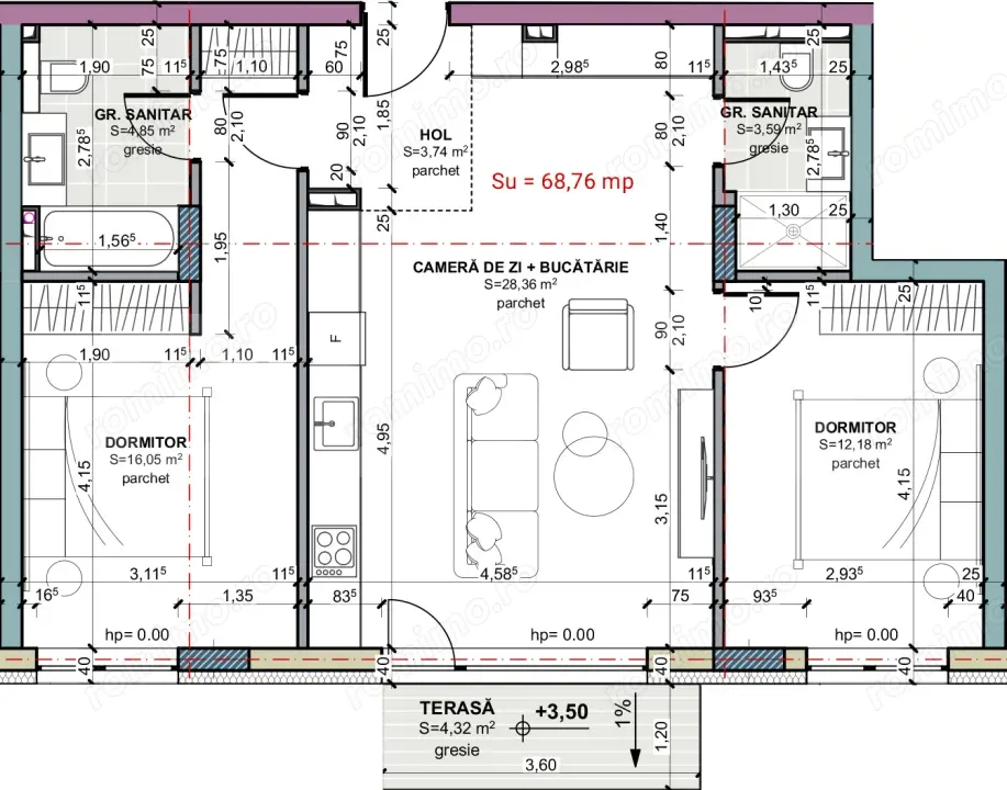 Apartament 3 camere, 2 bai, etajul 1, zero comision, Terra Oasului