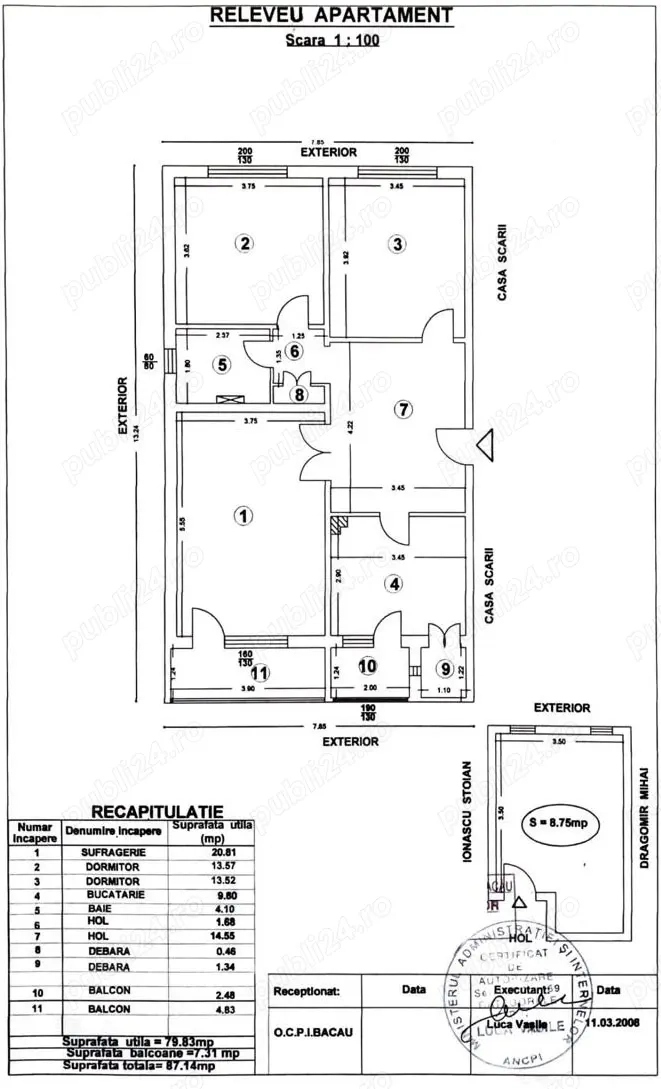 Apartament de vanzare, 3 camere decomandate, central, in Bacău