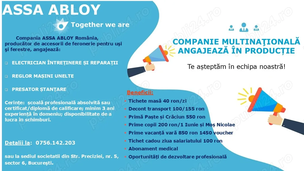 Companie multinationala angajeaza electrician, reglor si presator stantare 