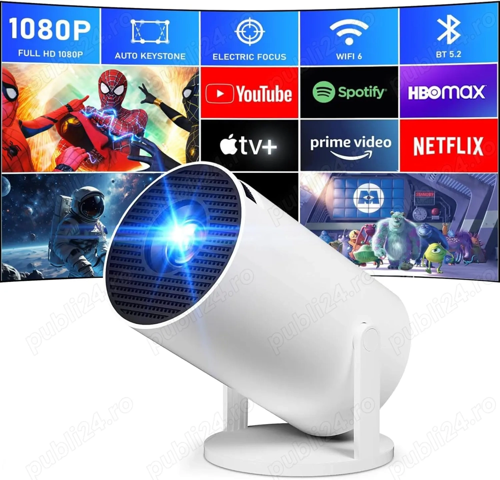 Videoproiector Portabil 4K, Android, WiFi6, BT 5.0, Smart, Rotire 180 