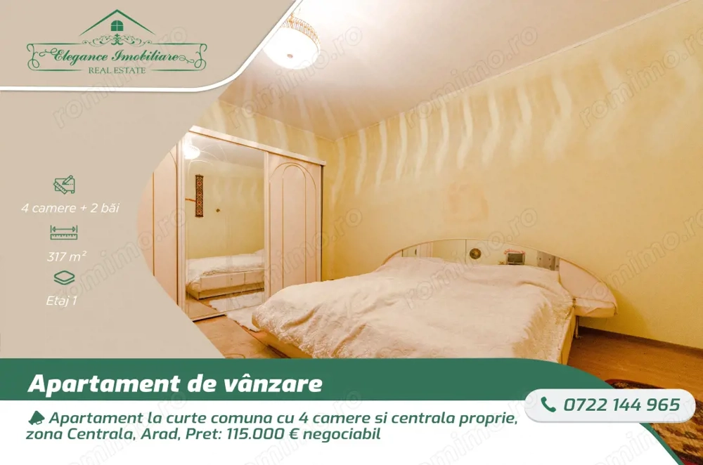 Apartament la curte comuna cu 4 camere si centrala proprie, zona Centrala, Arad