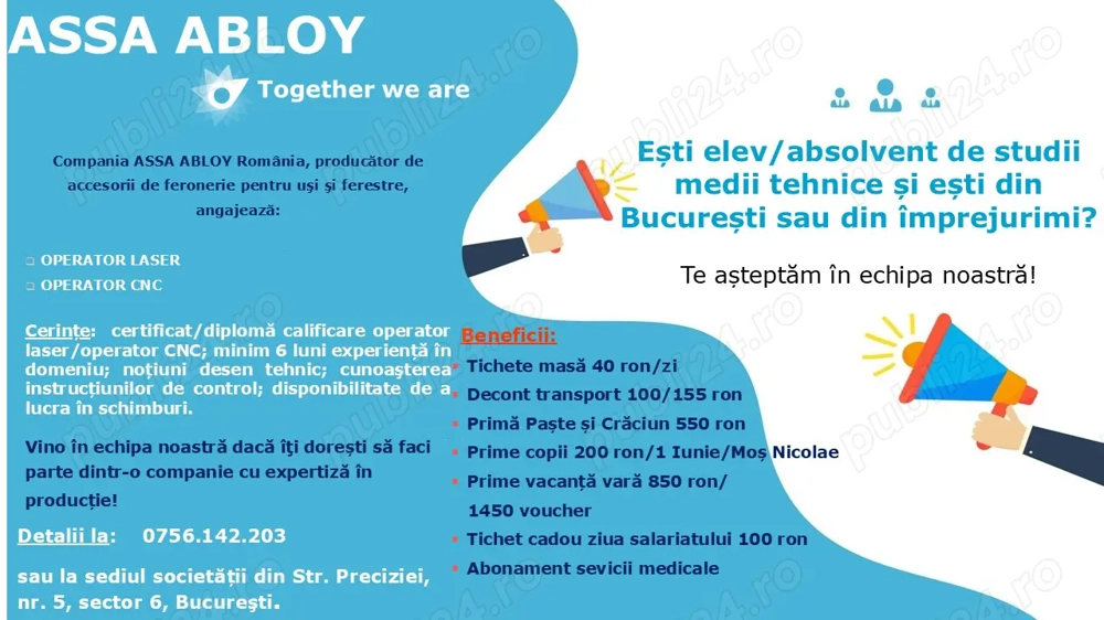 Angajam Operator laser si Operator CNC