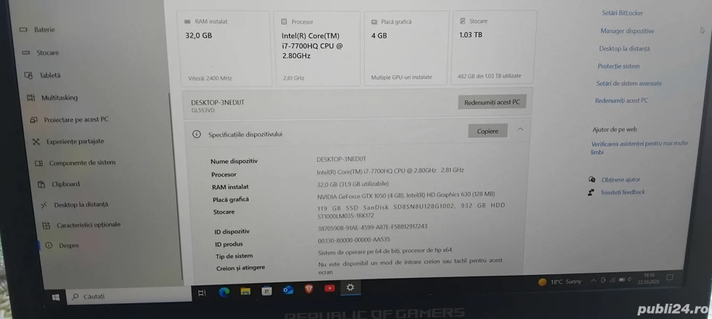 Vând leptop asus Rog gaming procesor i7 32 