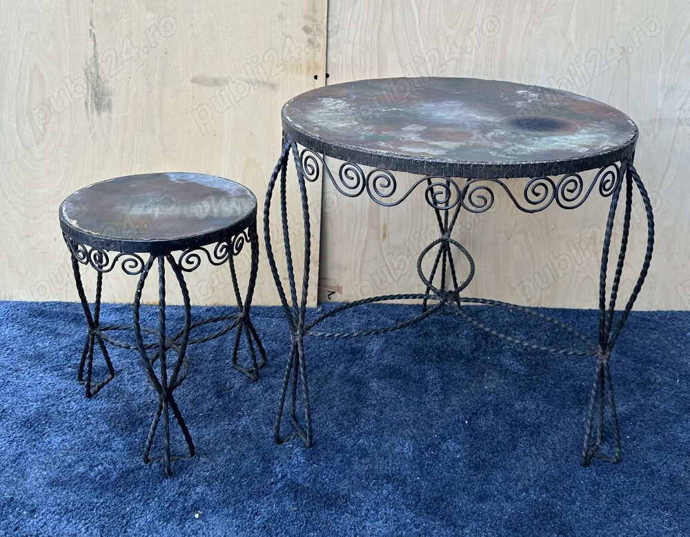 Set 2 Masute din Vintage cu cadru din fier; Masa; Scaunel