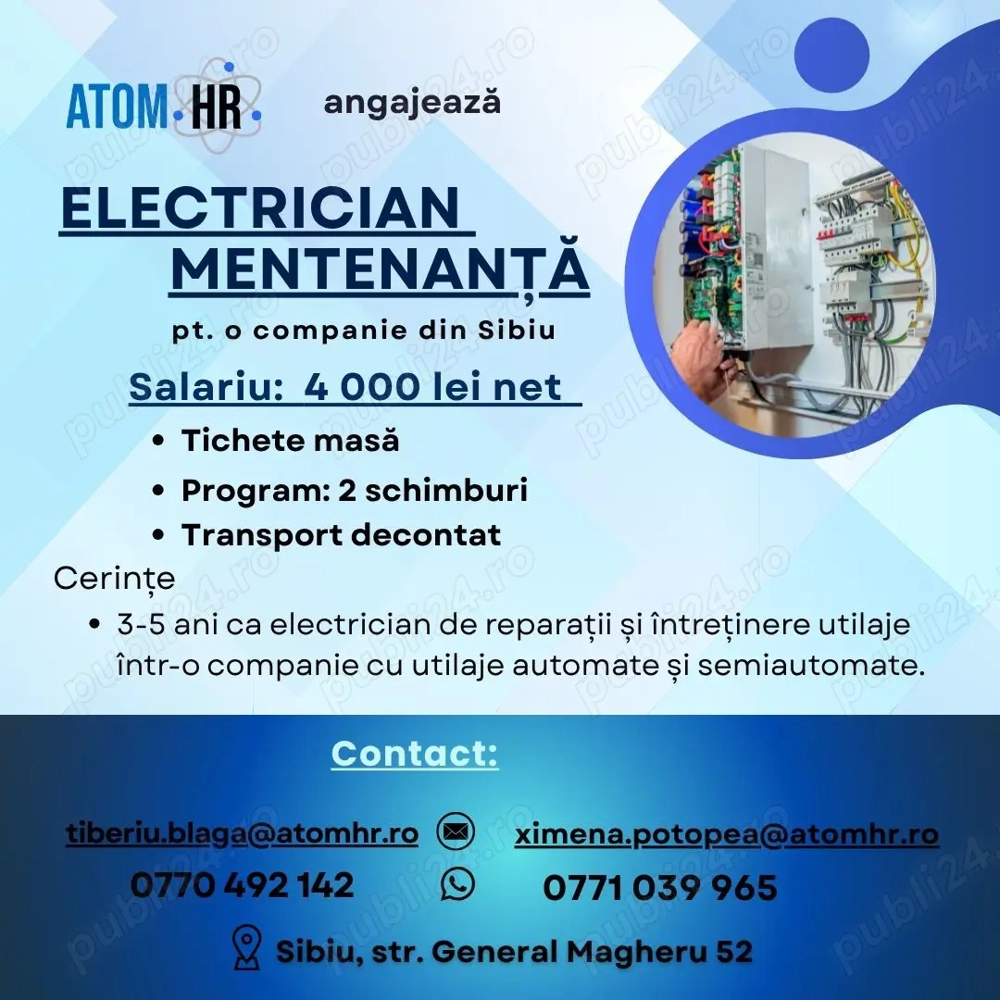 Atom HR angajează Electrician Mentenanță!