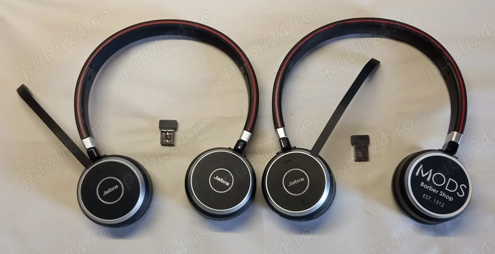 2 perechi de căști Jabra Evolve 65, cu adaptoare (dongle), stare bună, funcționale
