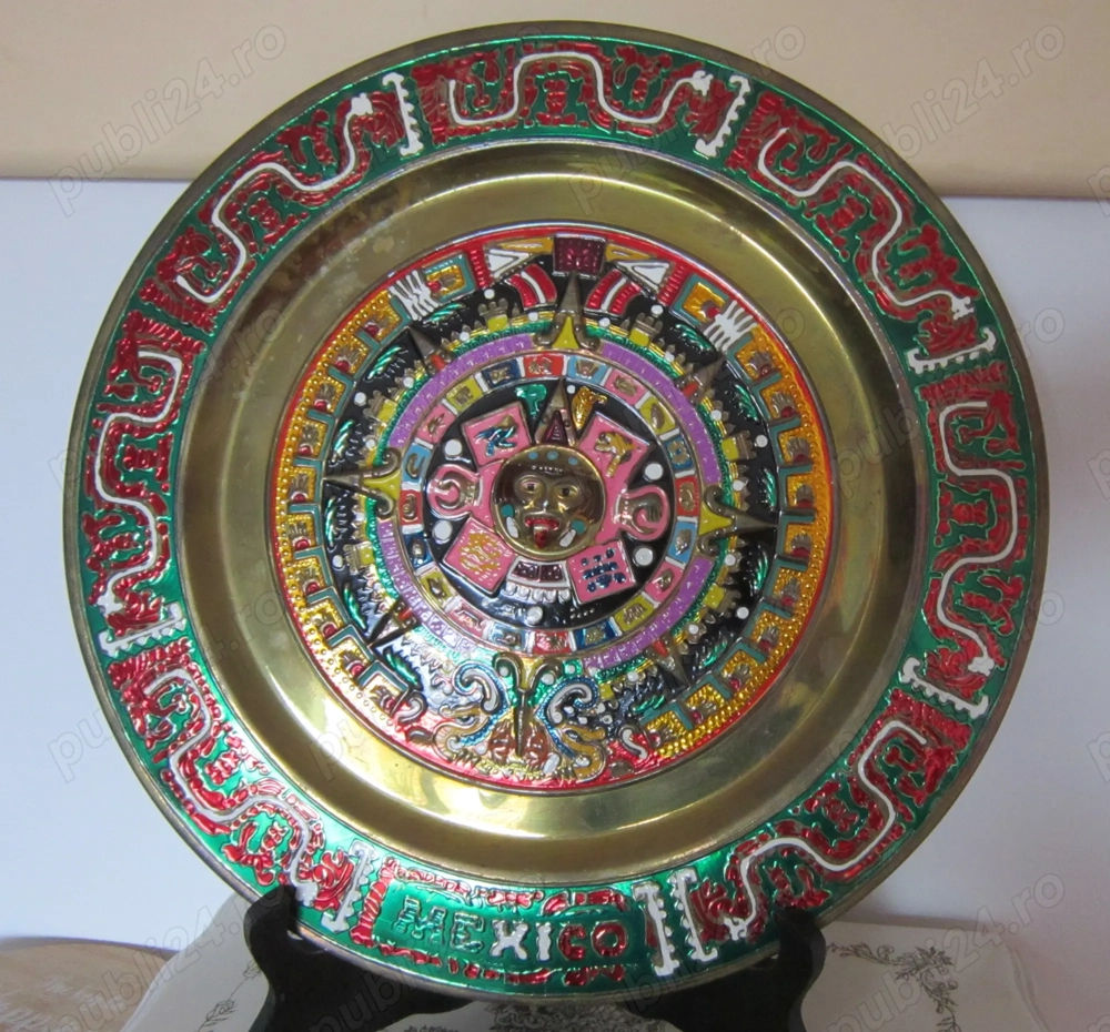 cadou rar Calendar Aztec Maya Plate bronz pictat email Mexic 1980