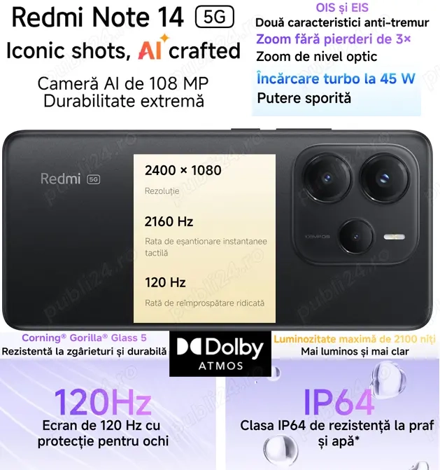 Xiaomi Redmi Note 14 5G Midnight Black 6G RAM 128G ROM, nou, in cutie sigilata, 24 luni garantie!