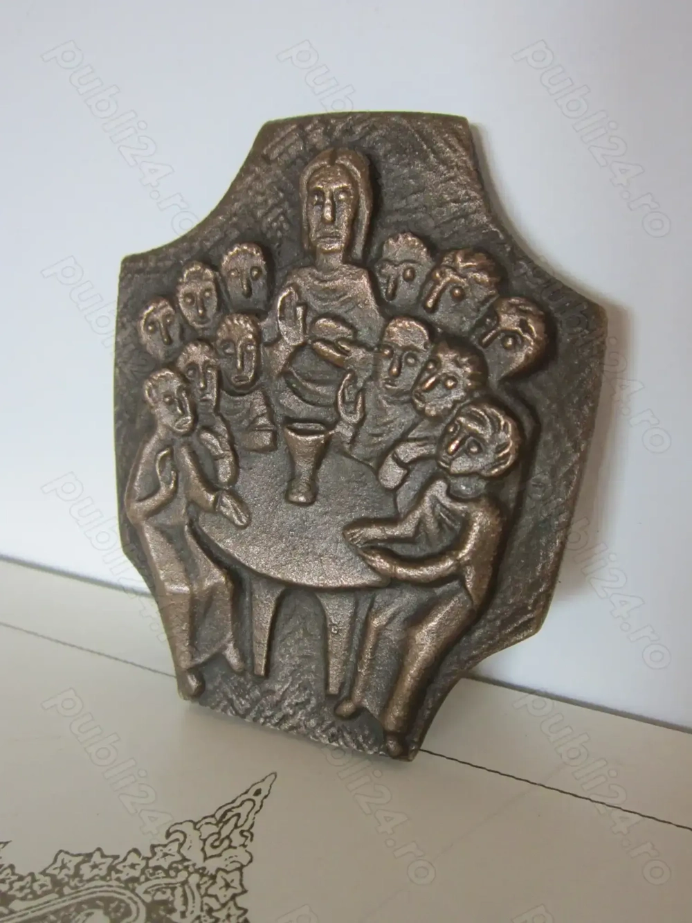 cadou rar Cruce Cina cea de taina Isus +12 apostoli bronz Weinert 1960