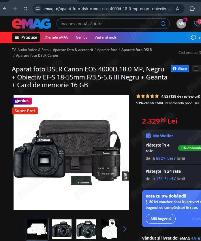 Canon EOS 4000D +Obiectiv EF-S 18-55mm F 3.5-5.6 III+Geanta +Card 16Gb