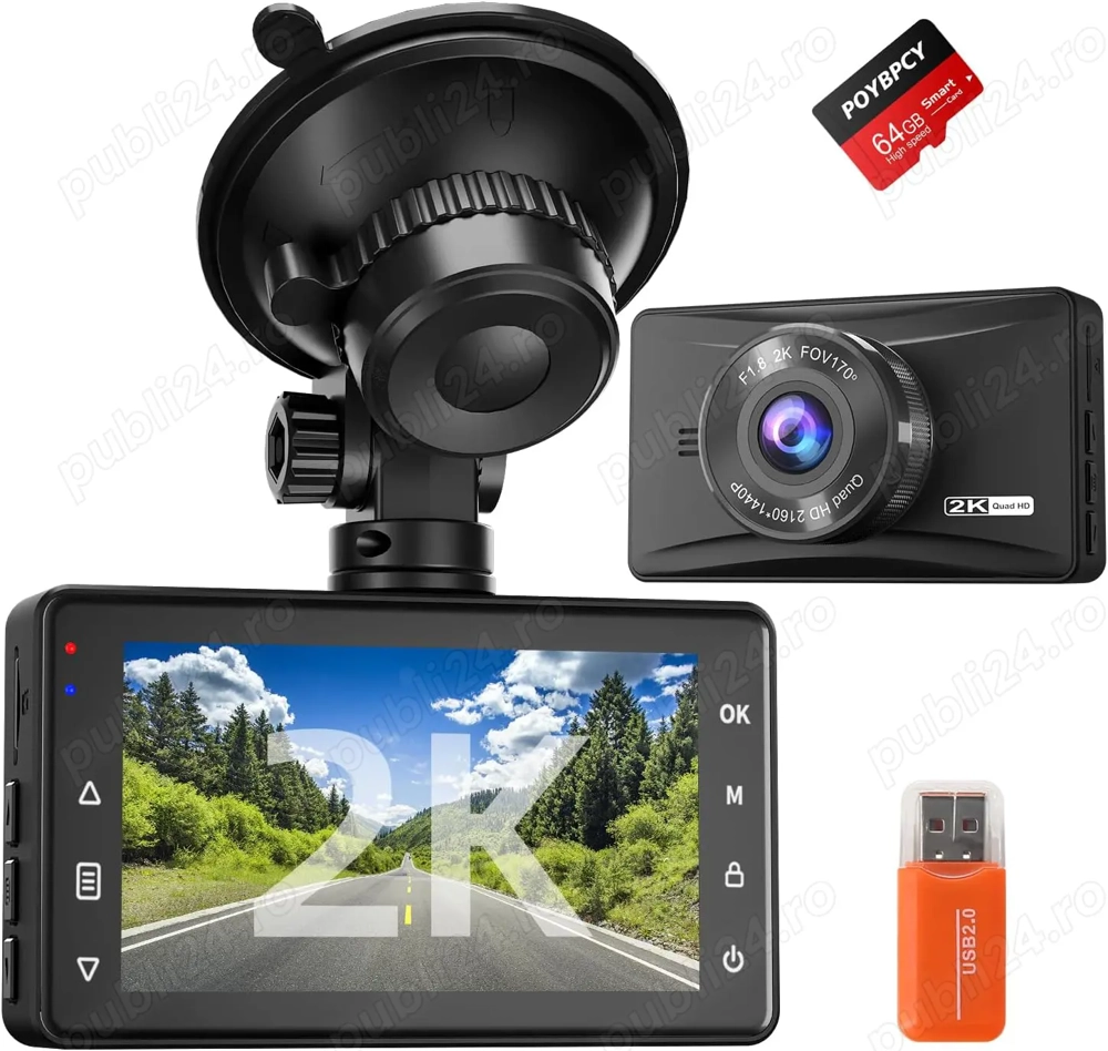 Cameră Auto 2K, + Card 64GB Inclus, 170°, Loop Recording, Senzor G