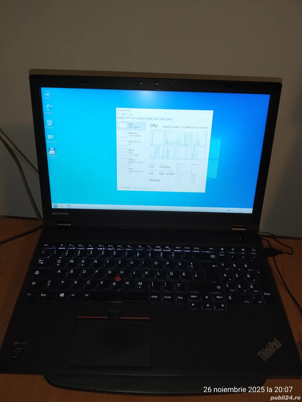 Lenovo i7, 32GbRam, Video dedicat Nvidia Quadro 2Gb, SSD256GB Samsung