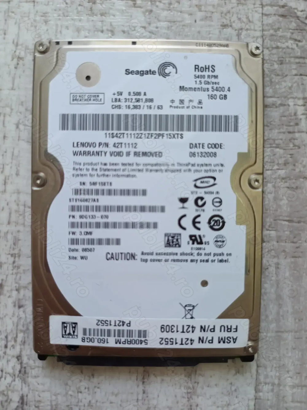 Hard disk laptop Seagate 160 GB SATA. 70% sănătate în Sentinel
