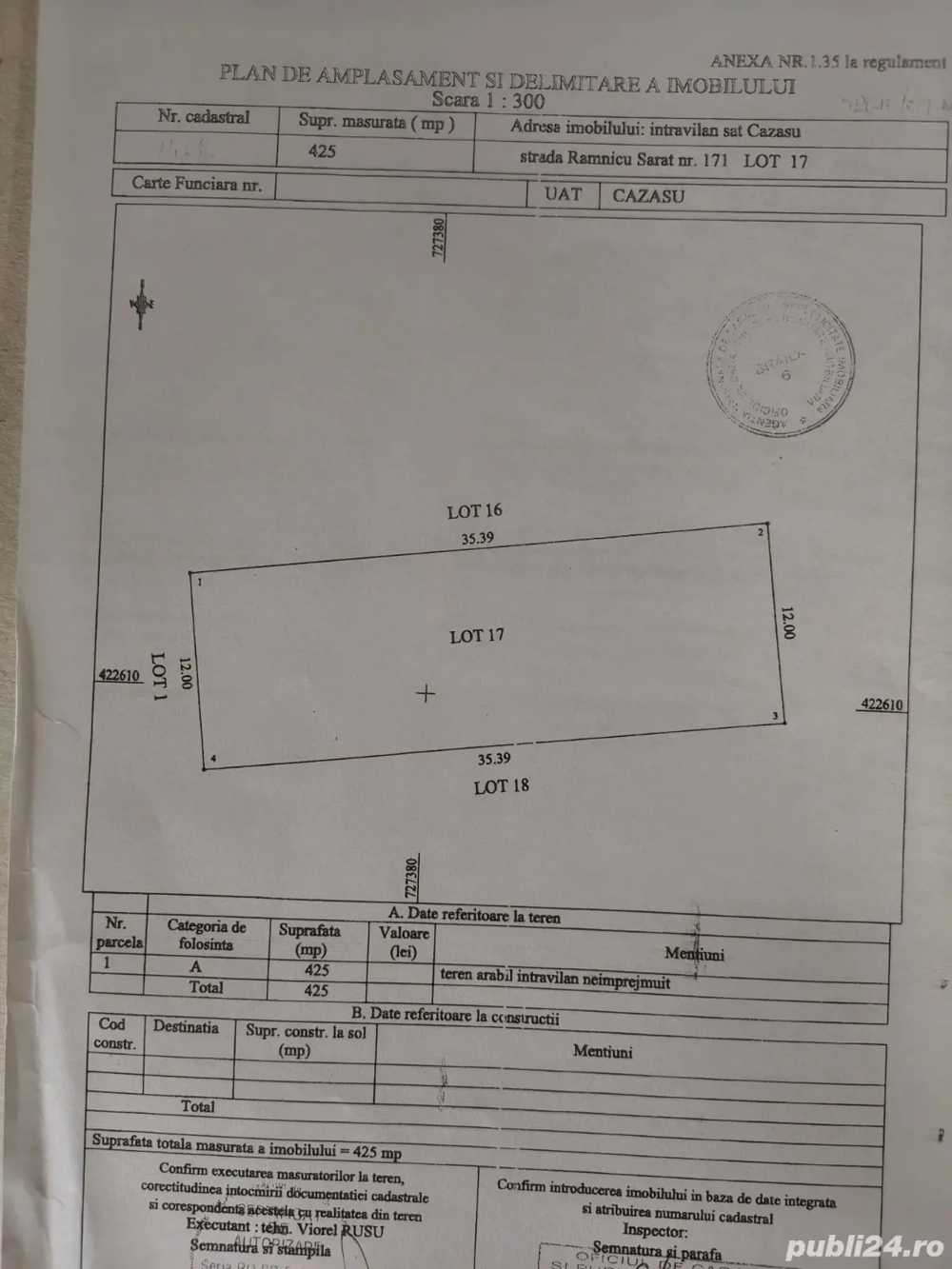 Vând lot pentru casa in Cazasu jud Brăila 