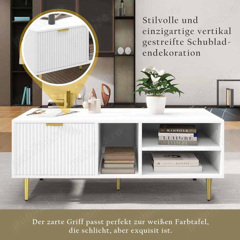 Masă de cafea elegantă, albă, cu ornamente aurii (WF316249WAA)