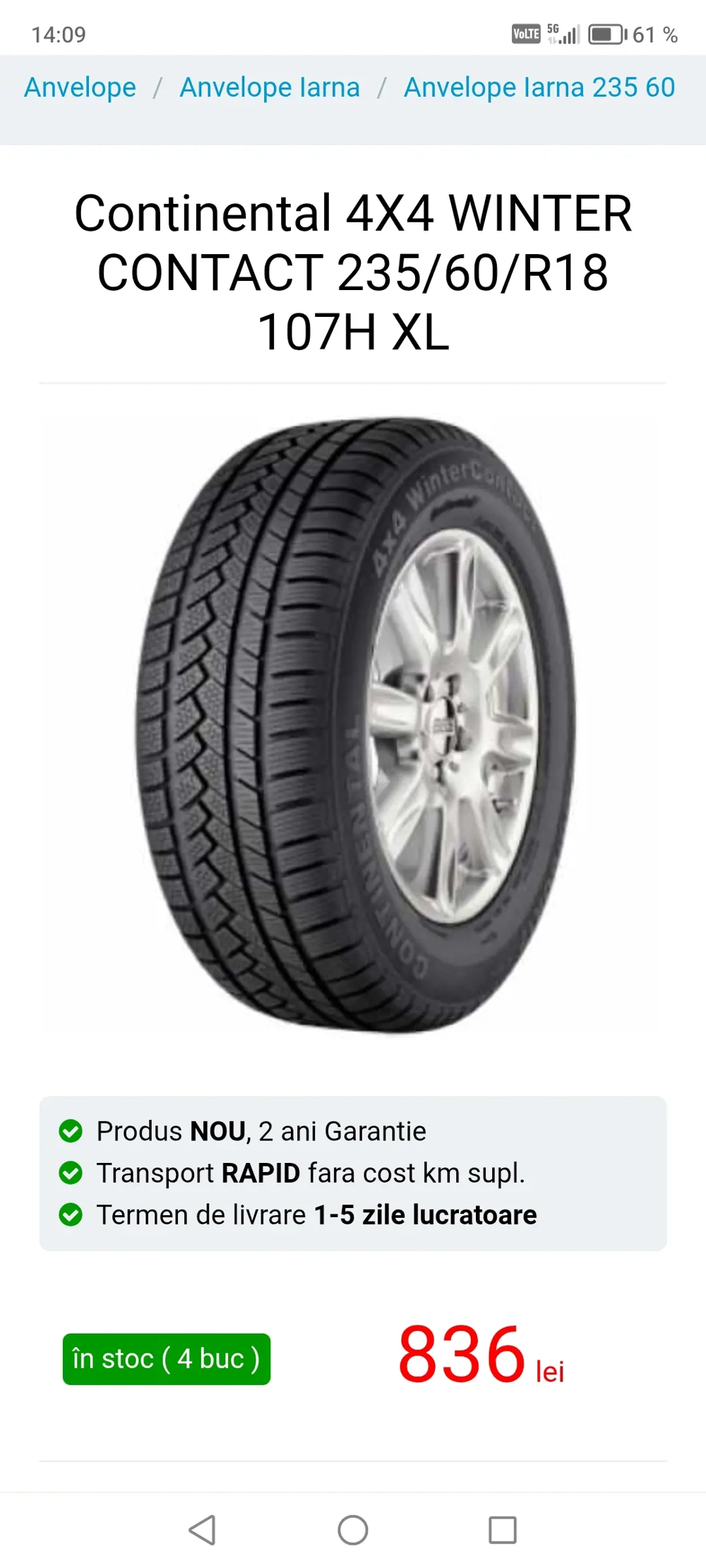 Vand cauciucuri de iarna Continental 235/60/18 XL 107 H , 2050 lei.