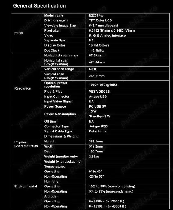 Monitor AOC LCD E2251Fwu 22 inch pe USB tip A - portabil 2,6 Kg, 15W