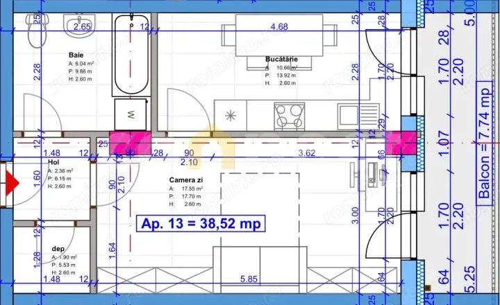 Apartament 1 Cameră, balcon - SU 38,52 mp– Terra, Florești