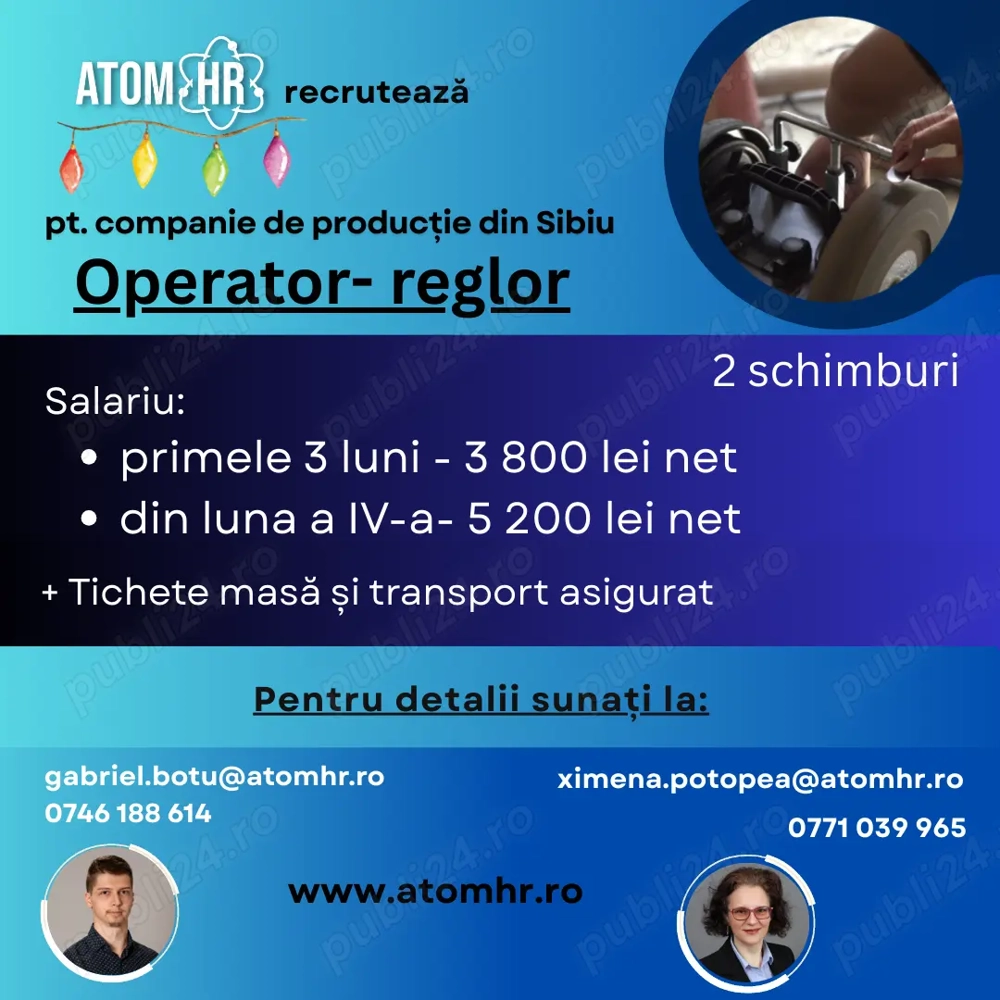 Atom HR recrutează Operator-Reglor pentru o companie de producție din Sibiu